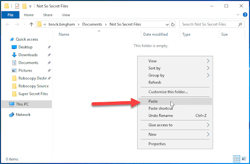 Screenshot showing how to paste a file to its destination.
