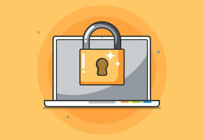 Laptop computer with padlock over it on orange background