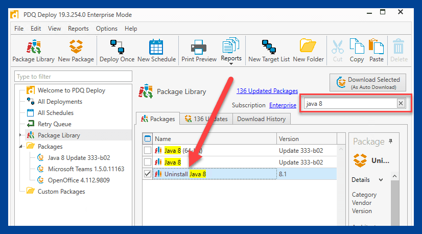 Screenshot showing the search field and the Uninstall Java 8 package in PDQ Deploy.