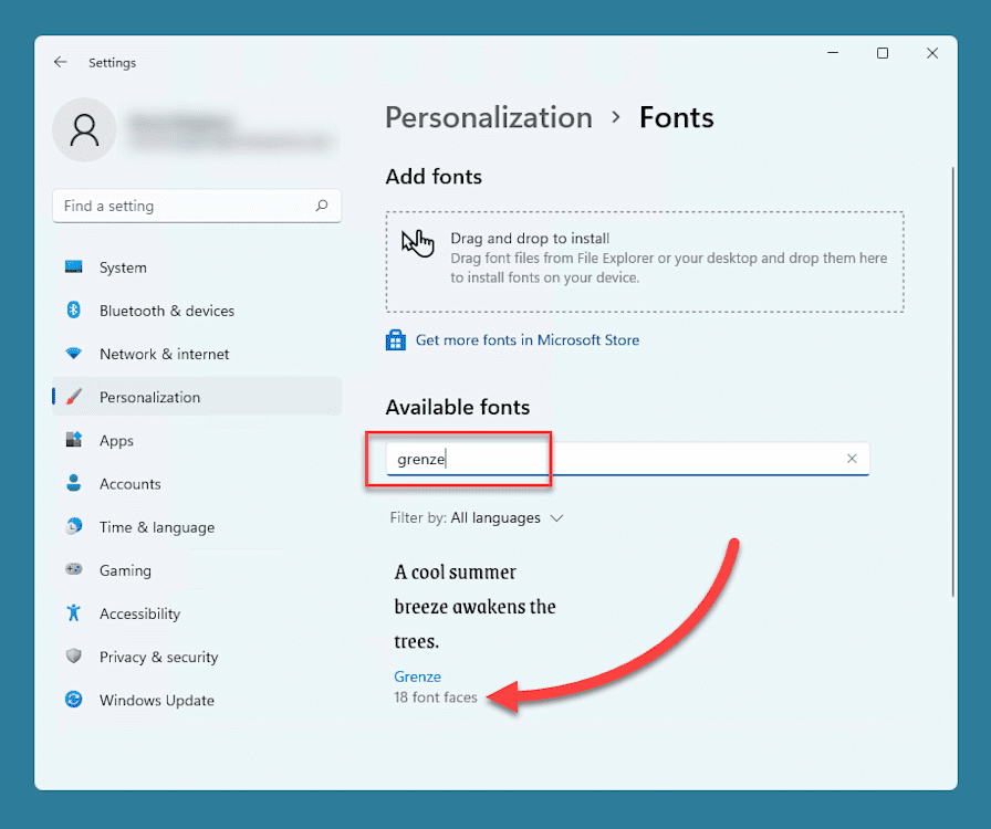 Searching for a specific font file in the font settings window.
