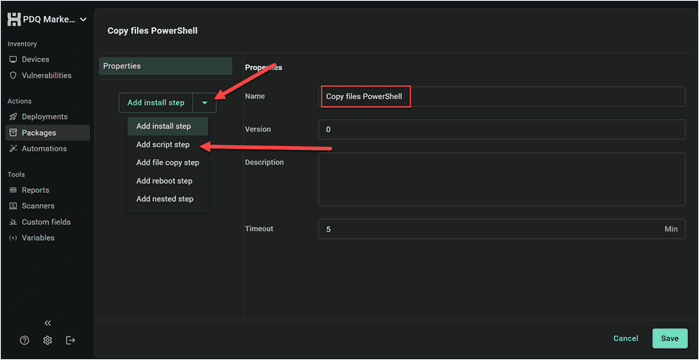 Screenshot of the Create package window in PDQ Connect showing the name field, the Add install step drop-down menu, and the Add script step option.
