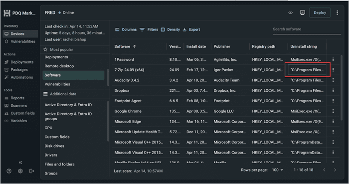 Screenshot showing the uninstall string.