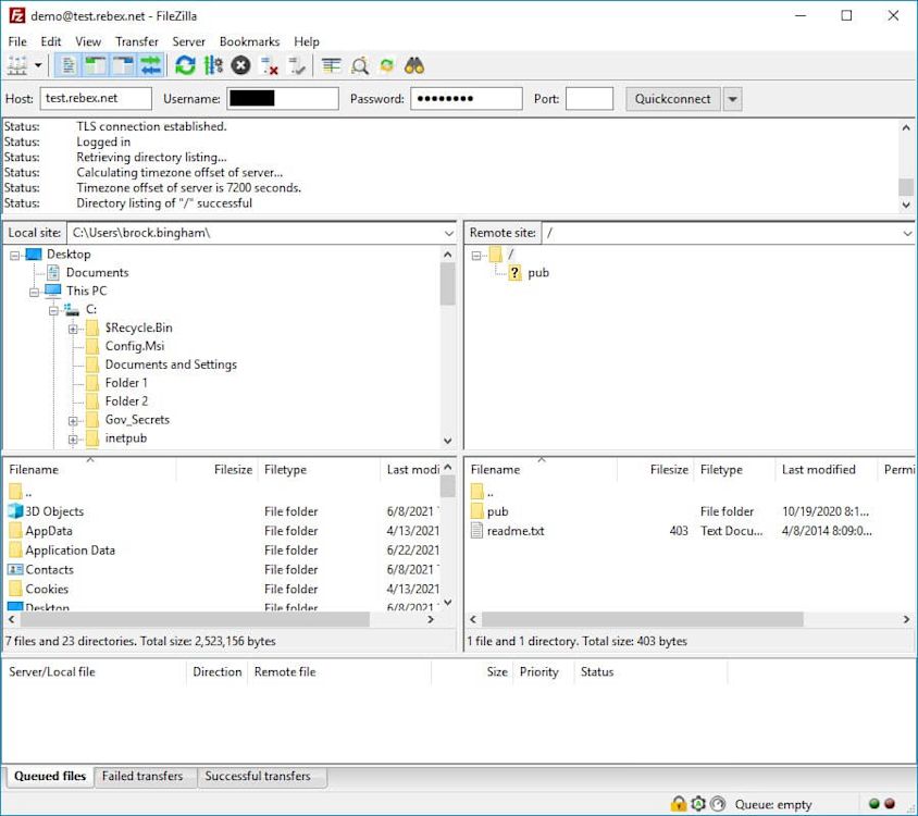 Screenshot of the FileZilla interface.