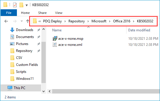 PDQ Deploy folder with extracted .msp and .xml update files