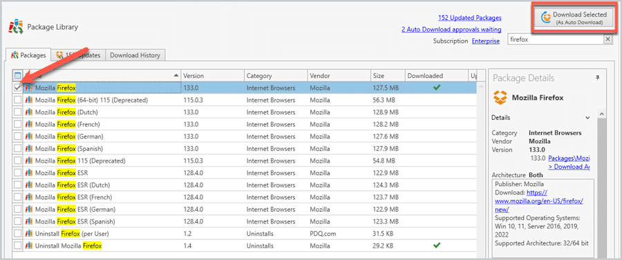 A screenshot showing how to download a package in PDQ Deploy