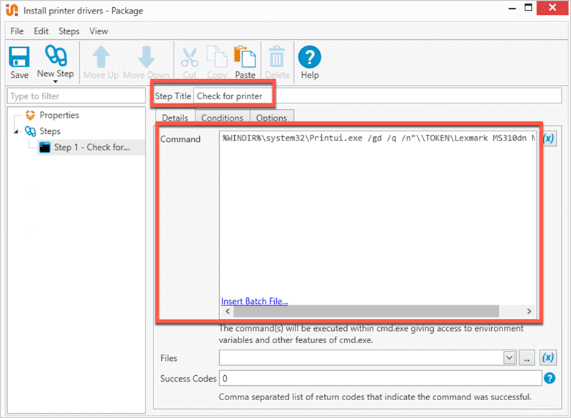 A screenshot showing how to format the command step in PDQ Deploy.