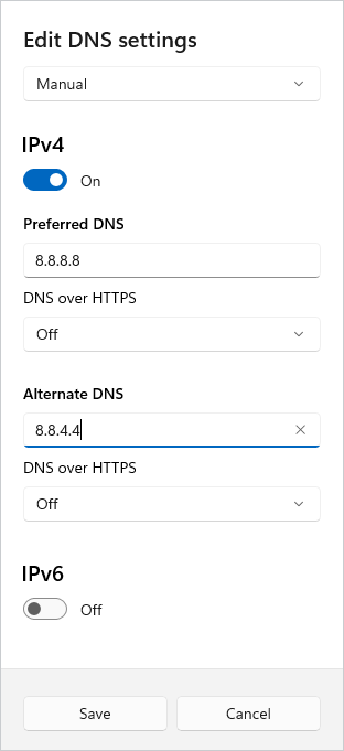 Enter the DNS addresses then click Save.