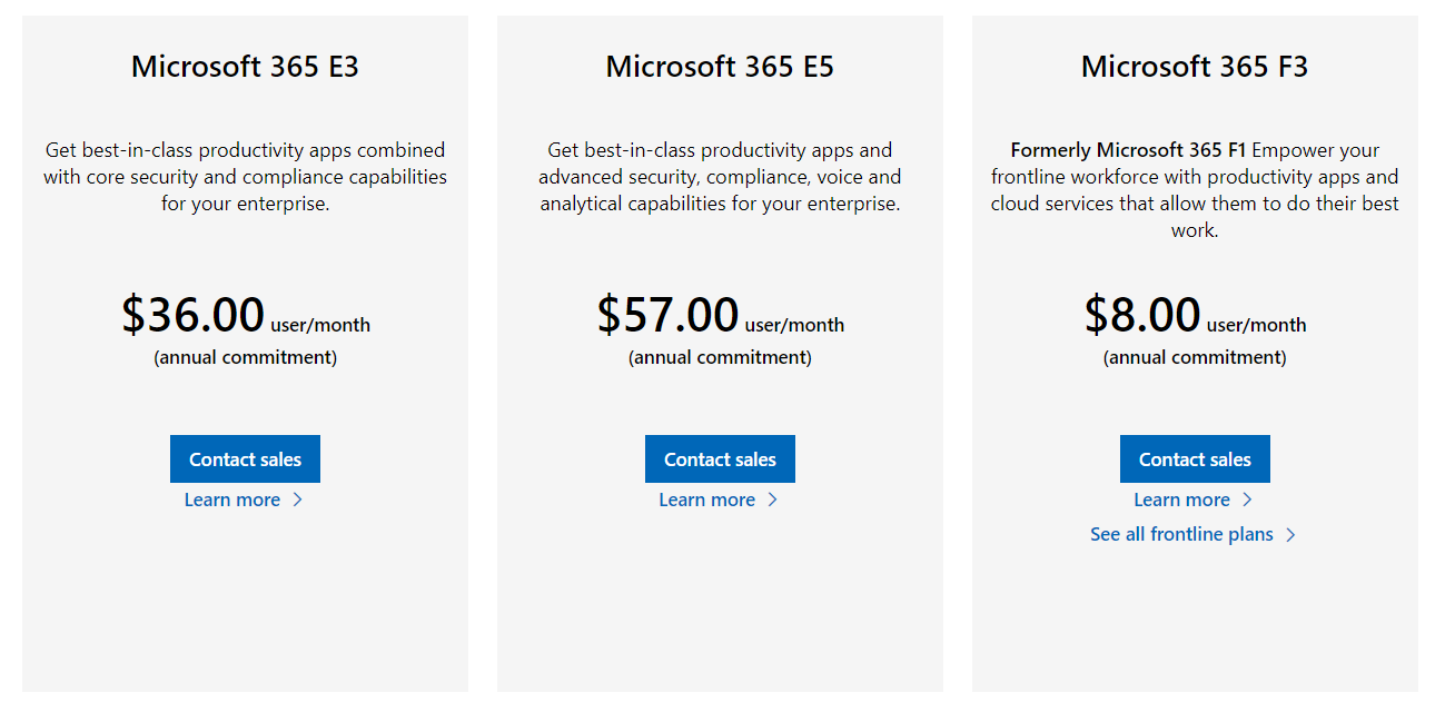 Microsoft 365 enterprise pricing