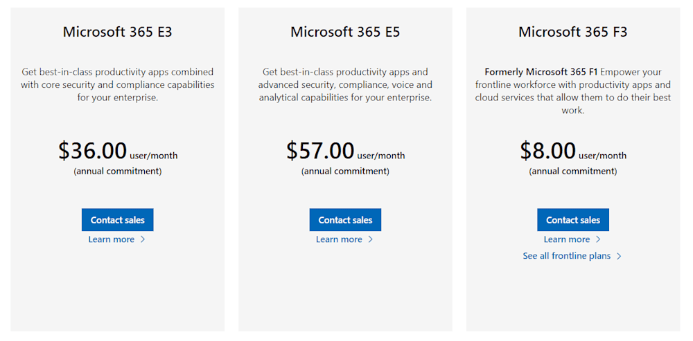 Microsoft 365 enterprise pricing