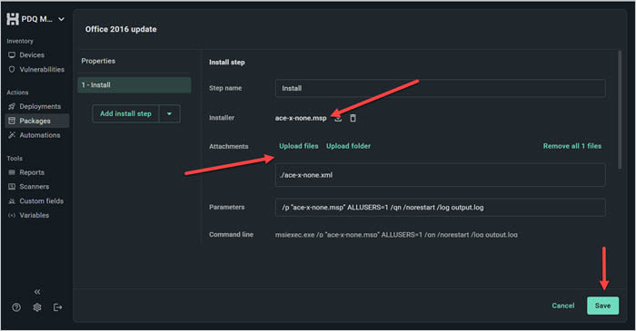 Uploading the installer .msp and the .xml and saving in the PDQ Connect Install step.