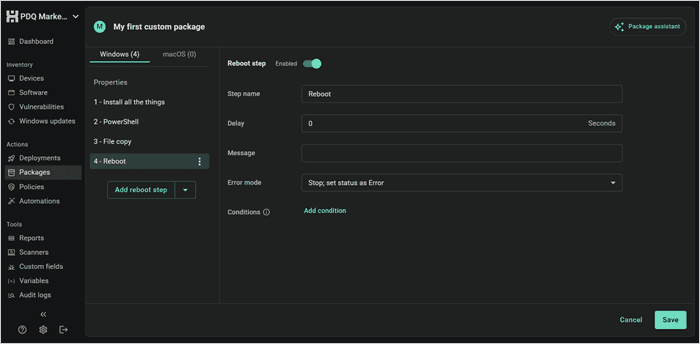 PDQ reboot step with delay, message, error mode, and conditions settings.