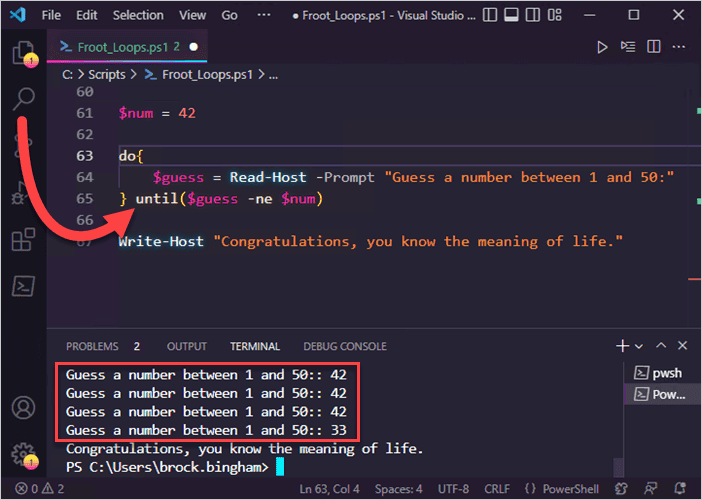 PowerShell do until loop script in Visual Studio Code prompting the user to guess a number until the correct answer is given, with terminal output and a red arrow highlighting the loop condition.