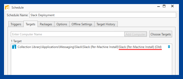 By clicking on the Targets tab in PDQ Deploy All Schedules you can see that the schedule targets computers that have old versions of Slack installed