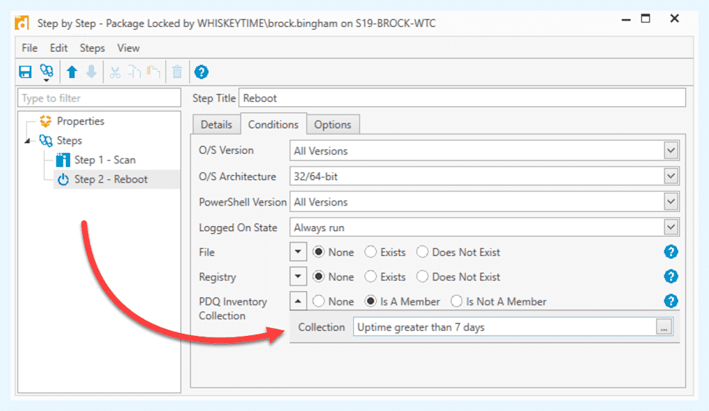 This is the next step for the Scan Step, which is a Reboot Step with a collection set of Uptime greater than 7 days