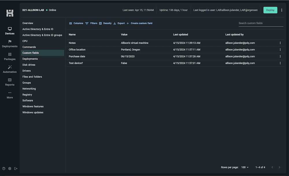 Screenshot of a list of four custom fields created in PDQ Connect.