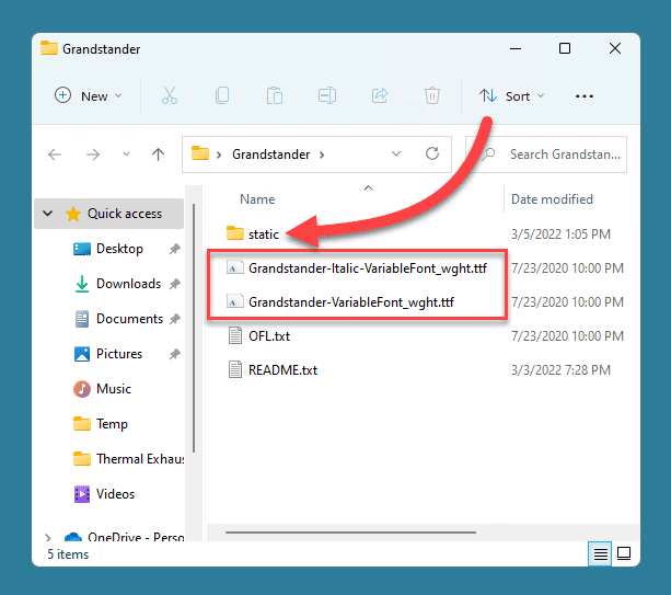 A font folder containing multiple fonts and a subfolder which contains even more fonts.