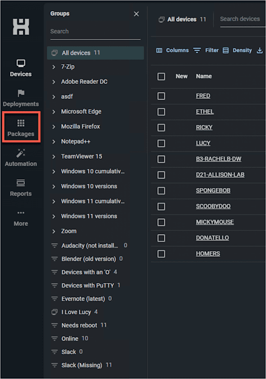 Screenshot of the PDQ Connect UI showing Packages on the left-hand side of the screen.
