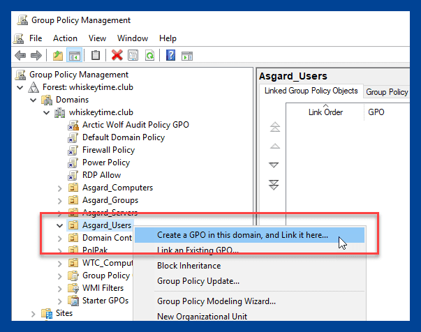 Group Policy Management window with “Create a GPO in this domain, and Link it here…” option selected under Asgard_Users.