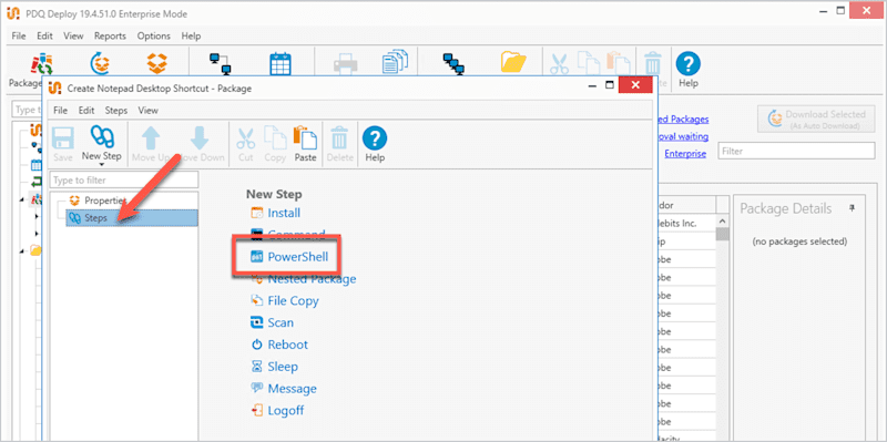 A screenshot of the step, "Click on Steps, and then click — you guessed it — PowerShell."
