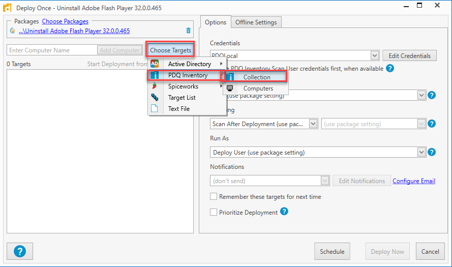 With the Deploy Once panel open, click Choose Targets > PDQ Inventory > Collection. 