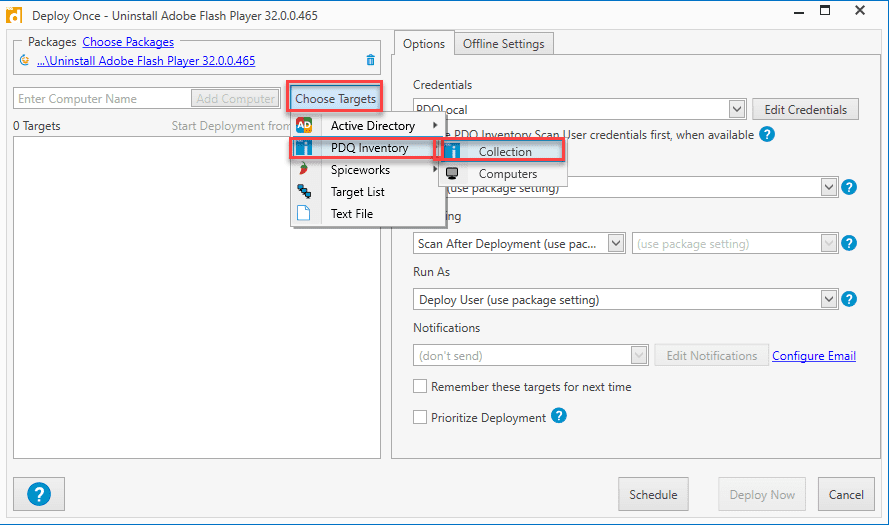 With the Deploy Once panel open, click Choose Targets > PDQ Inventory > Collection.