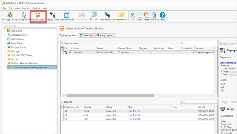 A screenshot that shows how to create a new package in PDQ Deploy.