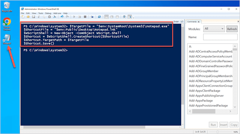 Notepad shortcut appears on the desktop