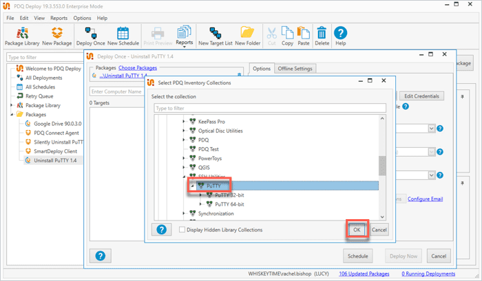 Screenshot of the PDQ Deploy UI showing Collection Library > Applications > Utilities > SSH Utilities > PuTTY > OK.