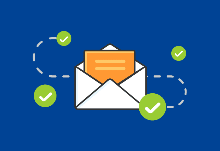 Illustration of an open email envelope with a message inside, surrounded by green checkmarks indicating successful delivery or completion.