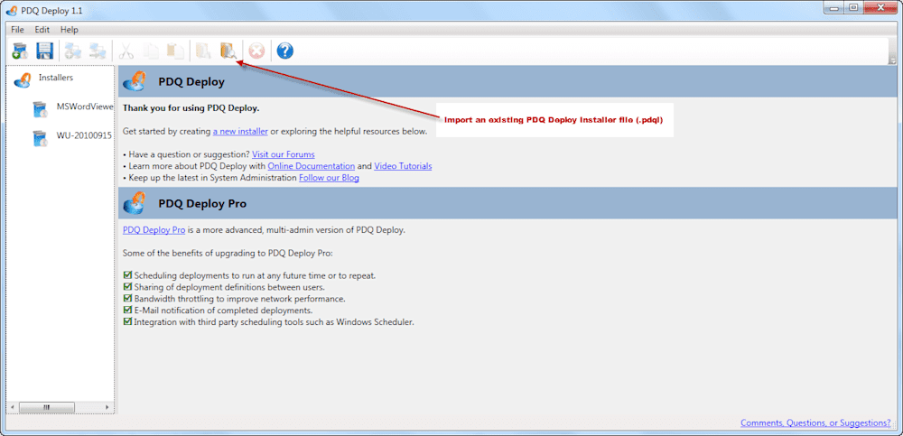 Import an existing PDQ Deploy installer file .pdql