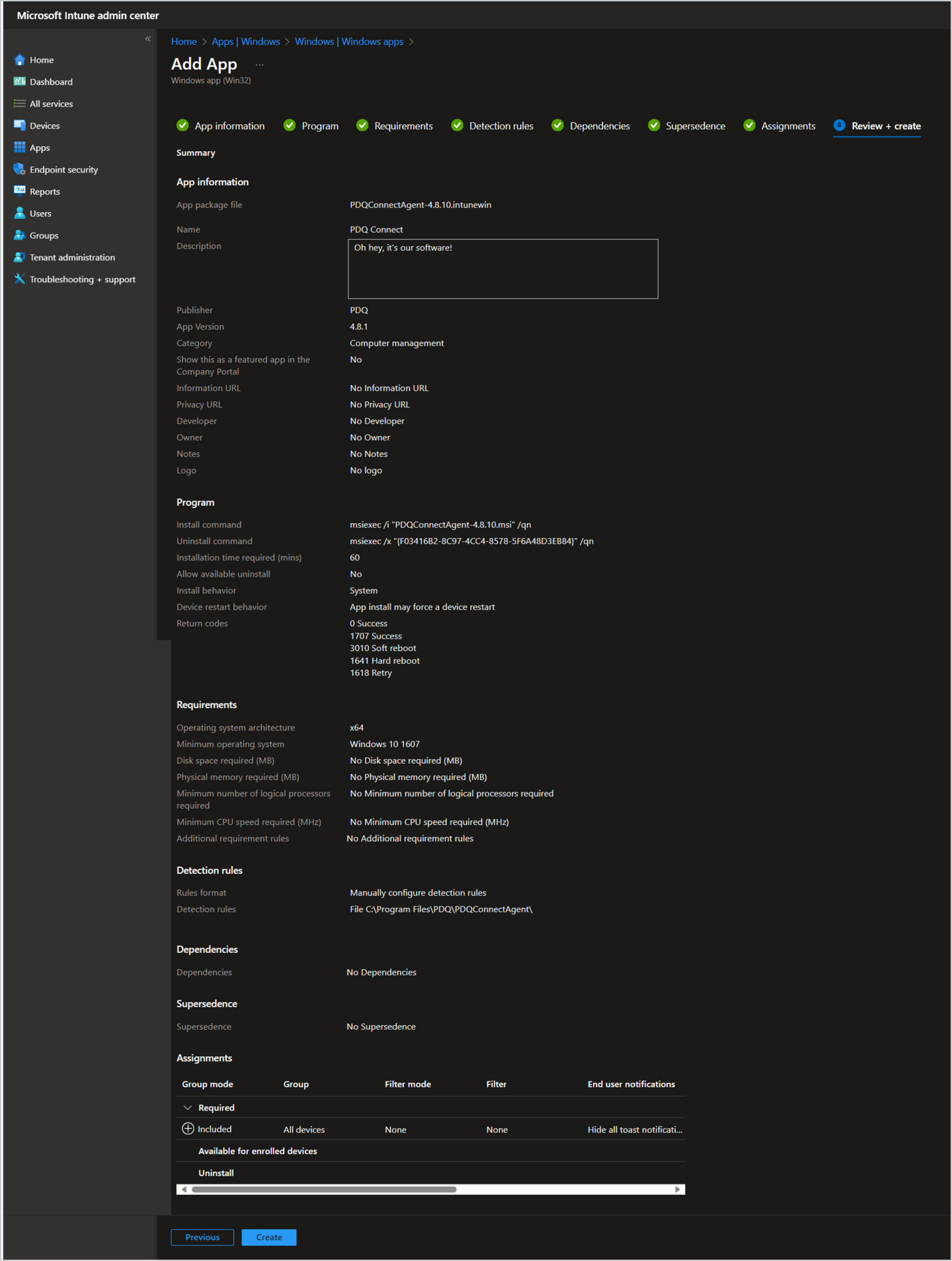 Screen shot of Intune's Review + create panel.