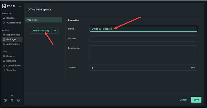 The "Name" field and "Add install step" button in PDQ Connect
