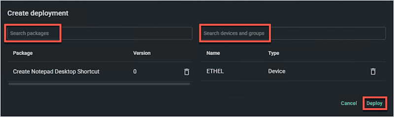 A screenshot showing device and package selection in PDQ Connect