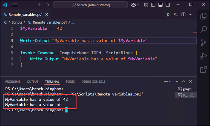 The results of calling a locally defined variable in a remote PowerShell command.