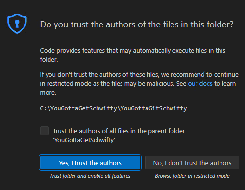 Configuring your repository trust settings in VS Code.