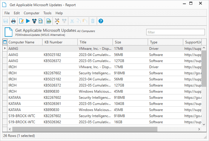 Results located in the Get Applicable Microsoft Updates report.