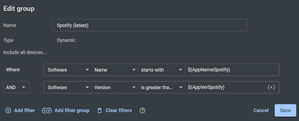 Screenshot showing how to utilize variables in filters to identify devices with the latest version of Spotify installed using PDQ Connect