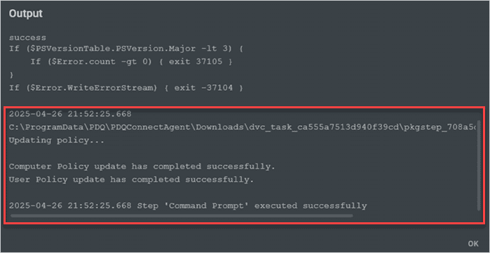 Viewing the output of a script run on a remote computer in PDQ Connect.