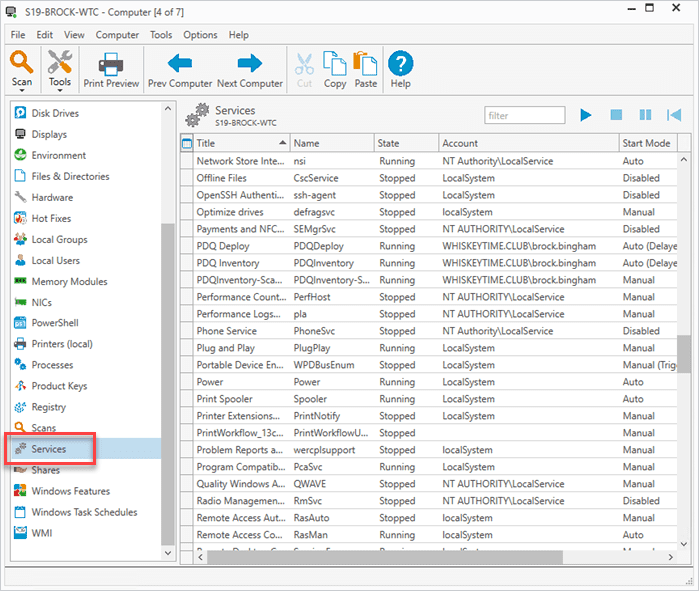 The Services page in PDQ Inventory.