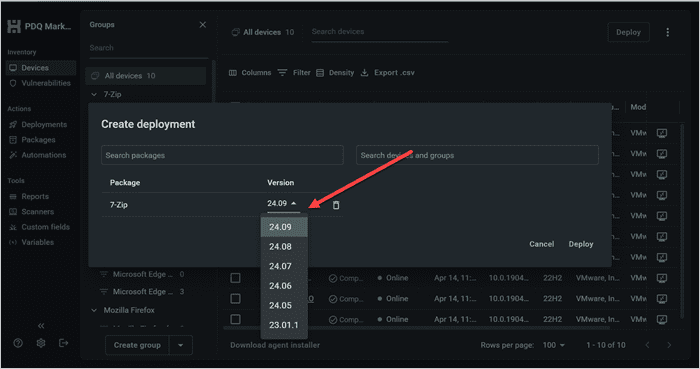 Screenshot showing the version options in the Create deployment screen in the PDQ Connect UI.