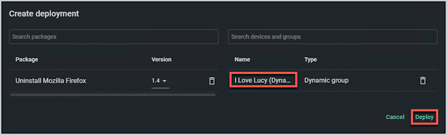 A screenshot showing how to deploy a package to a group in PDQ Connect