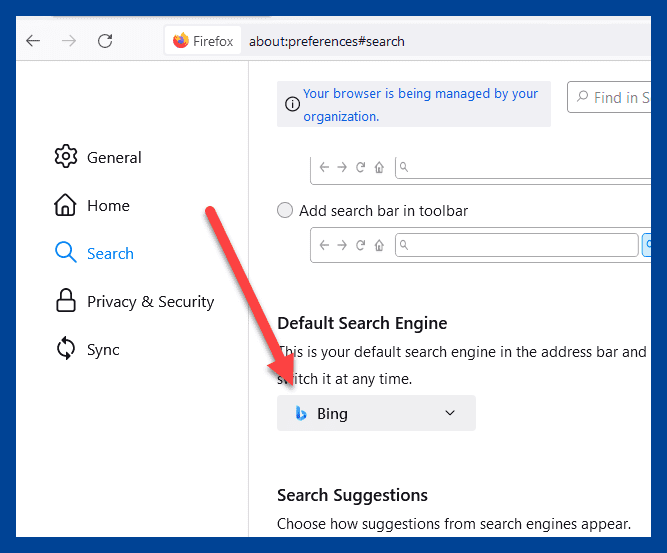 Firefox search settings showing Bing set as the default search engine under organizational control.