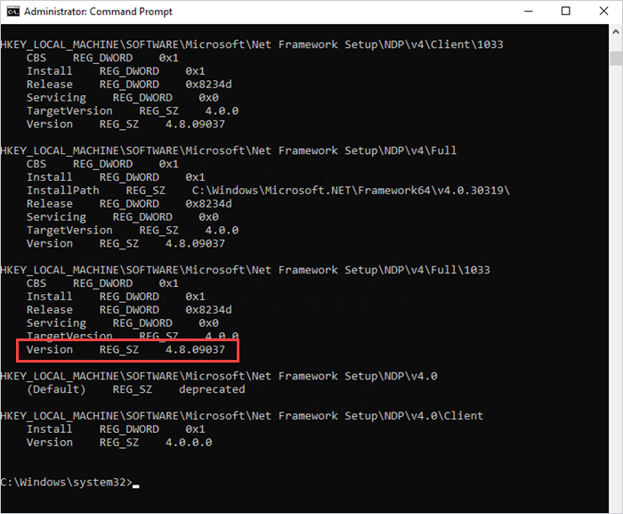 Identifying .NET Framework version using Command Prompt.