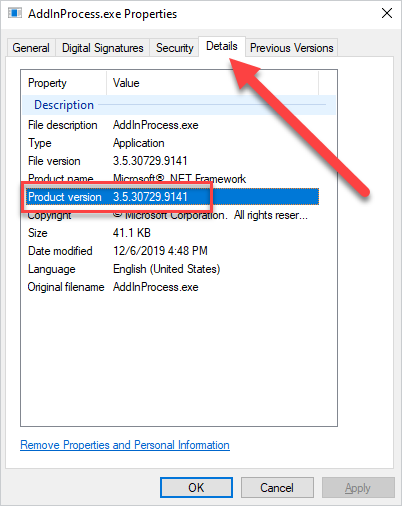 Finding the .NET Framework version using Windows Explorer.