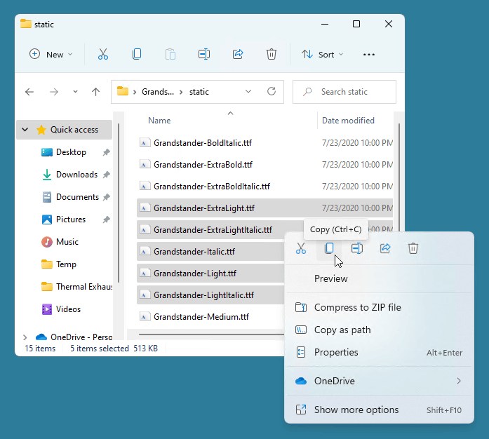 Copying multiple font files via the context menu.