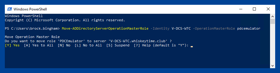 PowerShell confirmation prompt for moving the PDC Emulator role using the "Move-ADDirectoryServerOperationMasterRole" command.