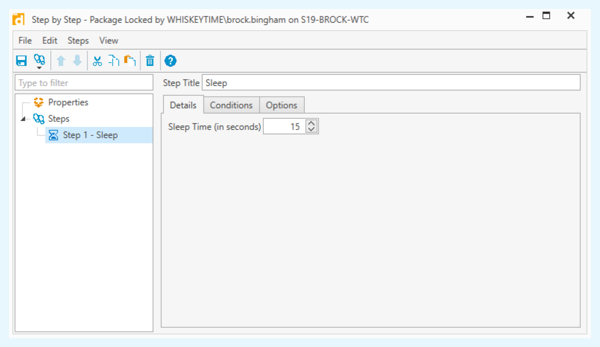 Example of setting up a Sleep Time step in PDQ Deploy which sets a pause to deployments