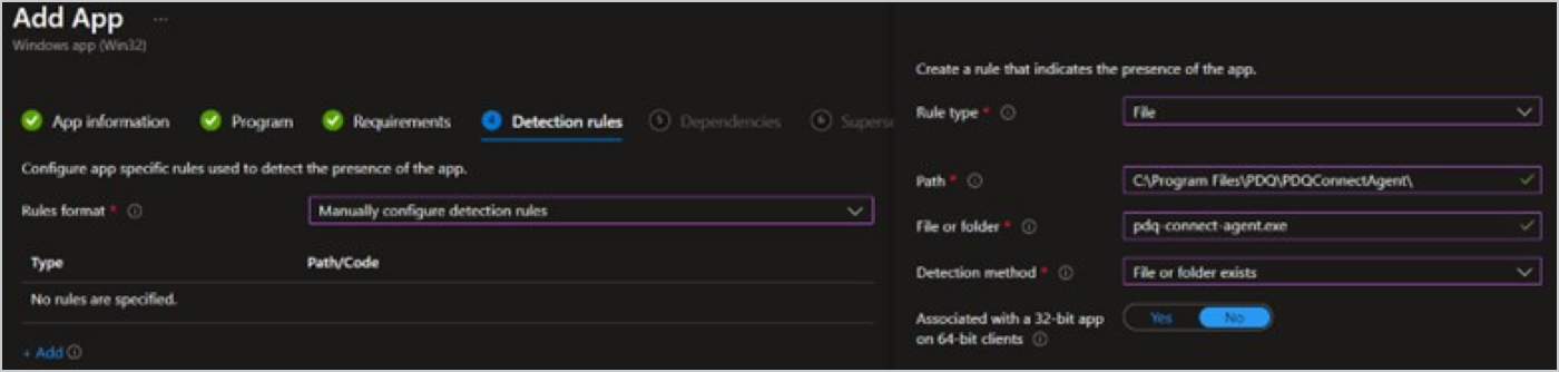 Screen shot of Intune's Detection rules panel.