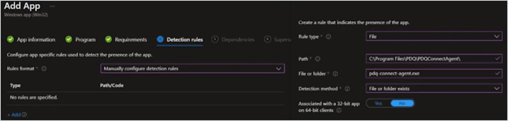 Screen shot of Intune's Detection rules panel.