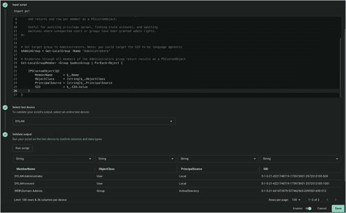 PDQ Connect custom scanner validating a PowerShell script that returns local and Active Directory administrator group members.